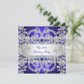 Elegant Royal Blue Diamonds Silver Floral Birthday Kaart (Staand voorkant)