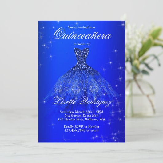 Elegant Royal Blue Dress Quinceanera Kaart (Staand voorkant)