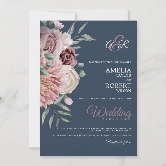 Elegant Royal blue Dusty Roos Floral Kaart (Voorkant)