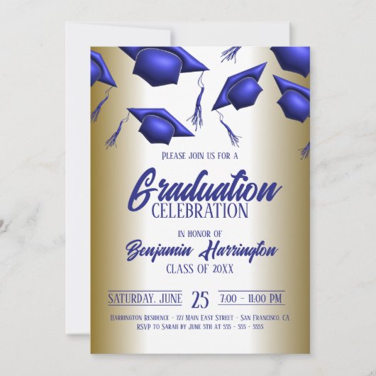 Elegant Royal Blue en Gold Afstuderen Celebration Kaart (Voorkant)