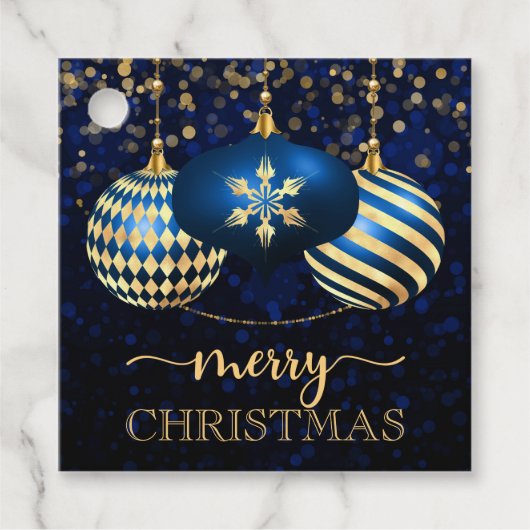Elegant Royal Blue en Gold Baubles Merry Kerstmis Bedankjes Labels (Voorkant)
