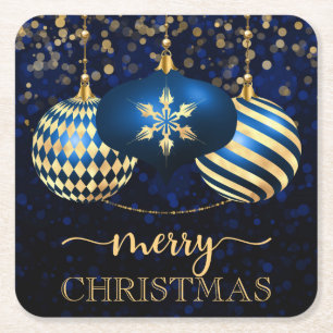 Elegant Royal Blue en Gold Baubles Merry Kerstmis Kartonnen Onderzetters