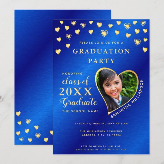 Elegant Royal Blue en Gold Class 2025 Afstuderen Kaart (Voorkant / Achterkant)