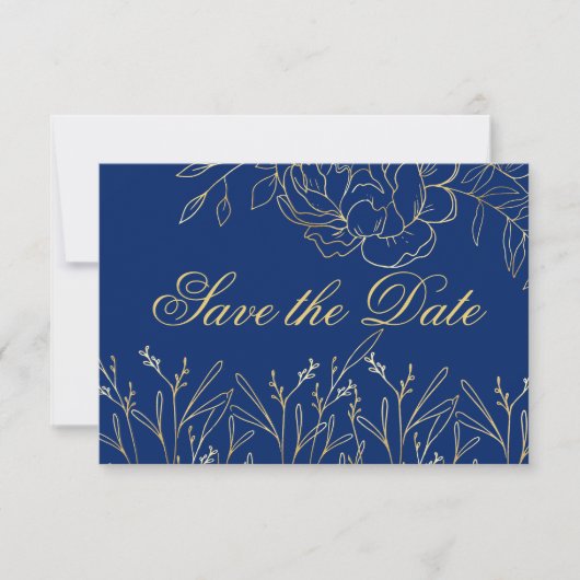 Elegant Royal Blue en Gold Fine Art Bloemen Save The Date (Voorkant)