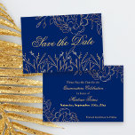 Elegant Royal Blue en Gold Fine Art Bloemen Save The Date<br><div class="desc">Elegant Sla de Datumkaarten op die u kunt aanpassen aan elke gebeurtenis. Het delicate bloemenontwerp is voorzien van beeldende kunst, omlijnde tekeningen van bloemen en bladeren in goud op een koninklijke blauwe achtergrond. Op de ene kant van de kaart staat "Save the Date" in een prachtige scripttypografie. Aan de andere...</div>