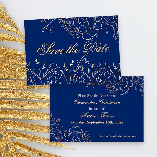 Elegant Royal Blue en Gold Fine Art Bloemen Save The Date