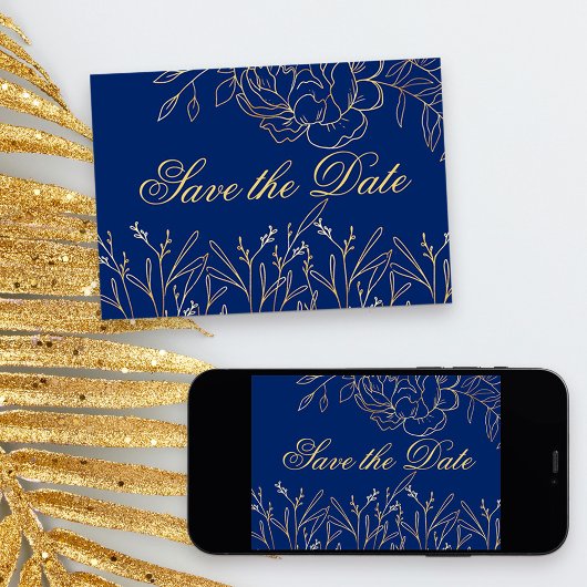 Elegant Royal Blue en Gold Fine Art Bloemen Save The Date