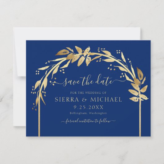 Elegant Royal Blue en Gold Foliage Arch Wedding Save The Date (Voorkant)