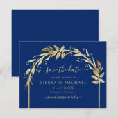 Elegant Royal Blue en Gold Foliage Arch Wedding Save The Date (Voorkant / Achterkant)