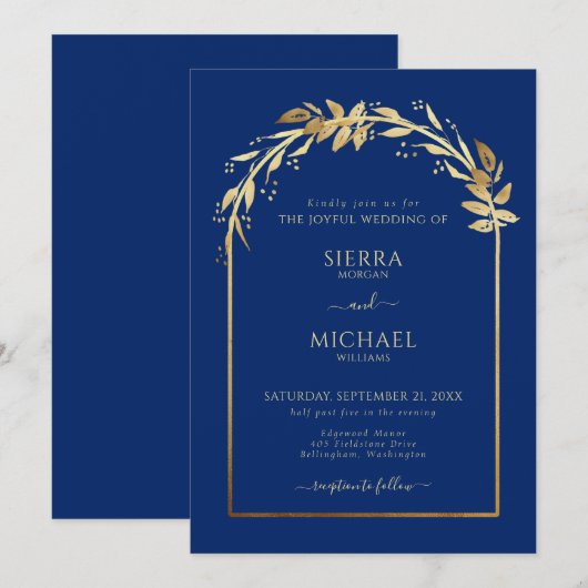 Elegant Royal Blue en Gold Foliage Wedding Arch Kaart (Voorkant / Achterkant)