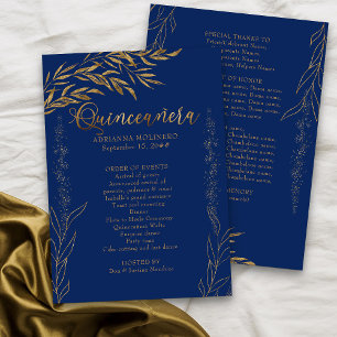 Elegant Royal Blue en Gold Leaf Quinceanera Programmakaart