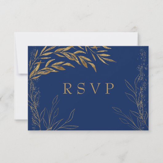 Elegant Royal Blue en Gold Leaf RSVP-kaart RSVP Kaartje (Voorkant)