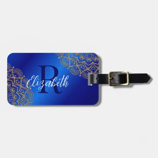 Elegant Royal Blue en Gold Mandala Monogrammed Bagagelabel (Voorkant horizontaal)