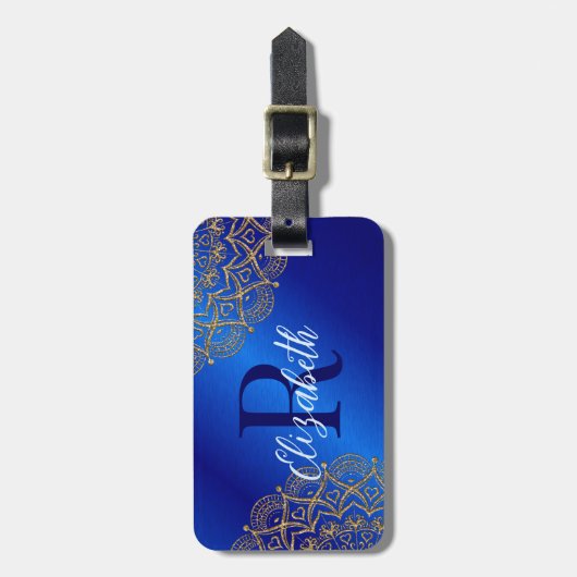 Elegant Royal Blue en Gold Mandala Monogrammed Bagagelabel (Voorkant verticaal)