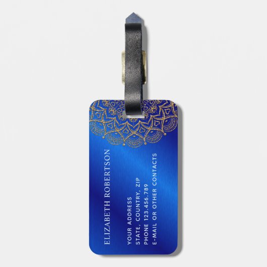 Elegant Royal Blue en Gold Mandala Monogrammed Bagagelabel (Achterkant verticaal)