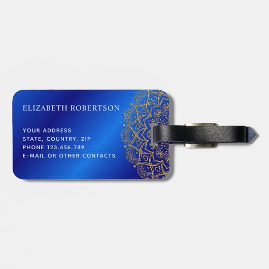 Elegant Royal Blue en Gold Mandala Monogrammed Bagagelabel (Achterkant horizontaal)