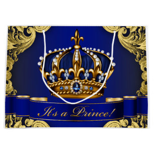 Elegant Royal Blue en Gold Prince Baby shower Large Cadeautasje