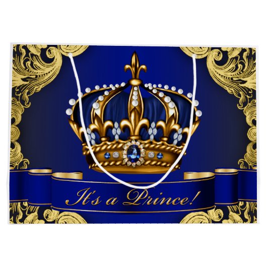 Elegant Royal Blue en Gold Prince Baby shower Large Cadeautasje (Achterkant)