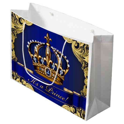 Elegant Royal Blue en Gold Prince Baby shower Large Cadeautasje (Voorkant Gekanteld)