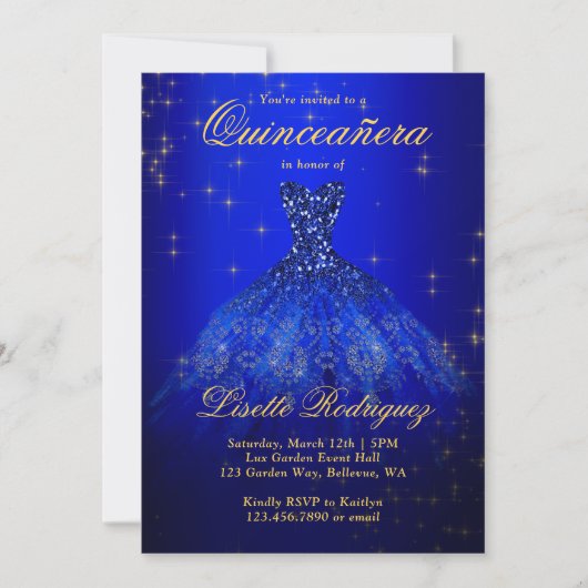 Elegant Royal Blue en Gold Thmed Quinceanera Kaart (Voorkant)