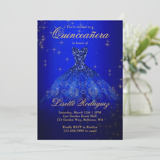 Elegant Royal Blue en Gold Thmed Quinceanera Kaart (Staand voorkant)