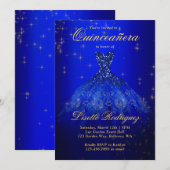 Elegant Royal Blue en Gold Thmed Quinceanera Kaart (Voorkant / Achterkant)