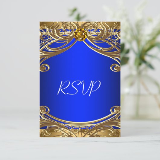 Elegant Royal Blue en Gold Wedding RSVP (Staand voorkant)
