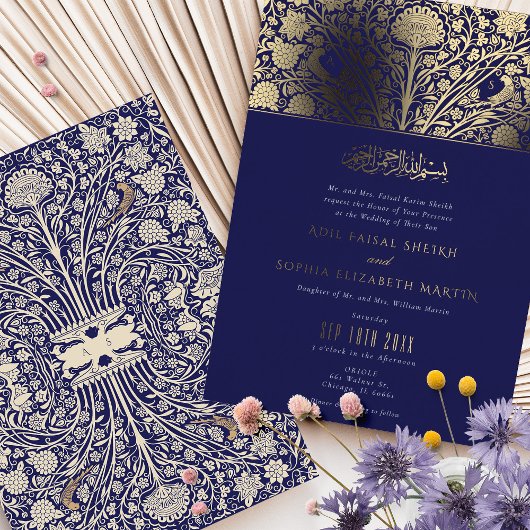 Elegant Royal Blue en Goud Islamitische bruiloft Folie Uitnodiging