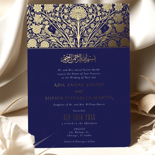 Elegant Royal Blue en Goud Islamitische bruiloft Folie Uitnodiging
