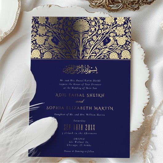 Elegant Royal Blue en Goud Islamitische bruiloft Folie Uitnodiging