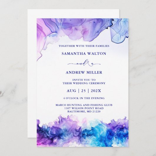 Elegant Royal Blue en Paarse bruiloft Kaart (Voorkant / Achterkant)