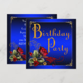 Elegant Royal Blue en Red Rose verjaardagsfeestje Kaart (Voorkant / Achterkant)