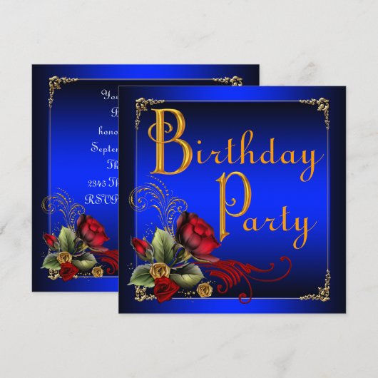 Elegant Royal Blue en Red Rose verjaardagsfeestje Kaart (Voorkant / Achterkant)