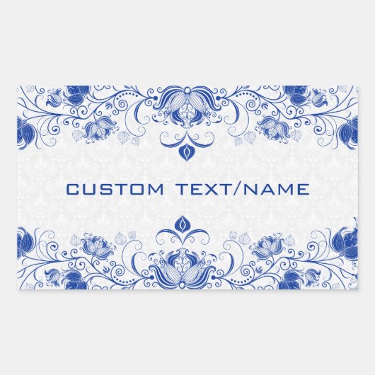 Elegant Royal Blue en White Damkers & Swirls Rechthoekige Sticker (Voorkant)