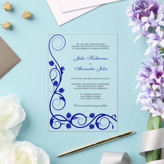 Elegant Royal Blue en White Swirls Acryl Uitnodigingen (Insitu (Huwelijk))