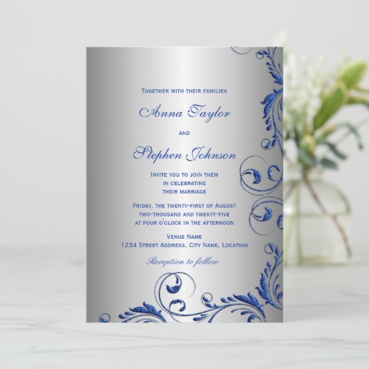 Elegant Royal Blue Faux Glitter Floral Swirls Kaart (Staand voorkant)