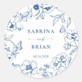 Elegant Royal Blue Floral bruiloft Ronde Sticker