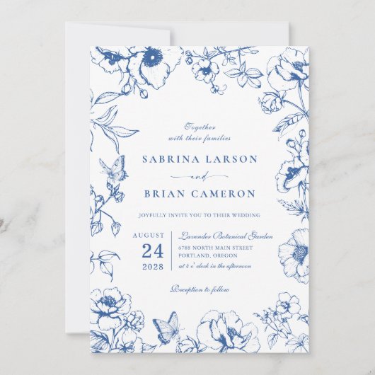 Elegant Royal Blue Floral Garden bruiloft Kaart (Voorkant)