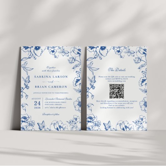 Elegant Royal Blue Floral Garden QR Code Wedding Kaart
