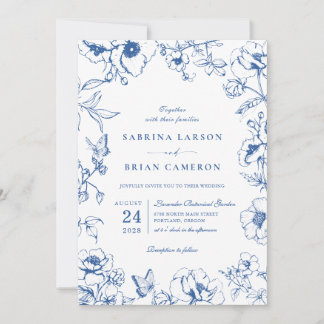 Elegant Royal Blue Floral Garden Wedding Photo Kaart