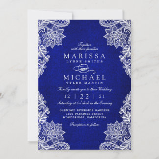 Elegant Royal Blue Floral Lace Wedding Invitation Feestdagenkaart