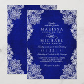 Elegant Royal Blue Floral Lace Wedding Invitation Feestdagenkaart (Voorkant / Achterkant)
