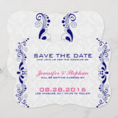 Elegant Royal-Blue Floral Lace White Dammaskers Save The Date (Voorkant / Achterkant)