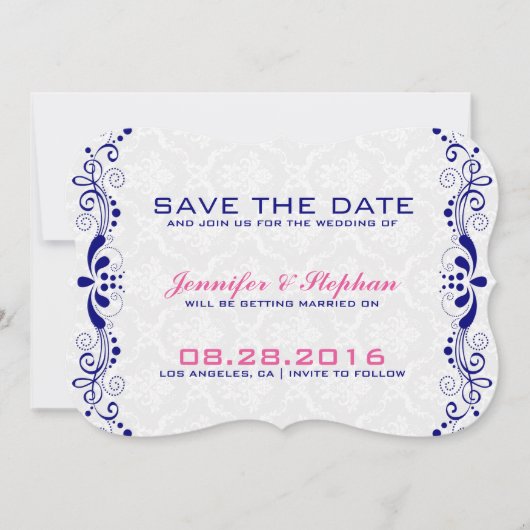 Elegant Royal-Blue Floral Lace White Dammaskers Save The Date (Voorkant)