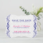 Elegant Royal-Blue Floral Lace White Dammaskers Save The Date (Staand voorkant)
