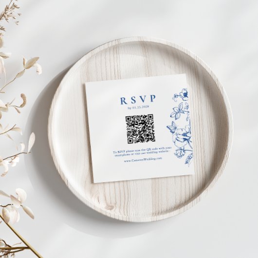 Elegant Royal Blue Floral QR Code Bruiloft RSVP Informatiekaartje