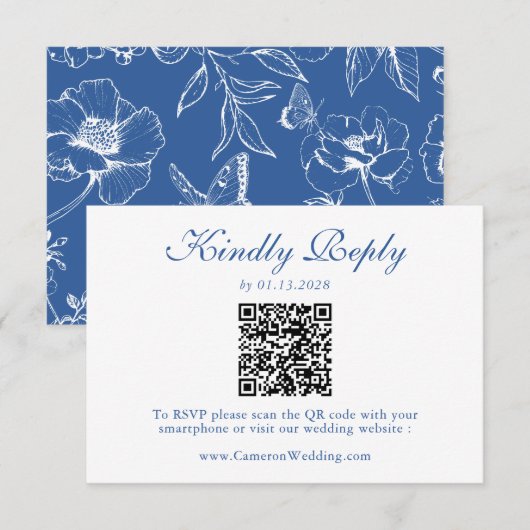 Elegant Royal Blue Floral QR Code Wedding RSVP  Kaartje (Voorkant / Achterkant)