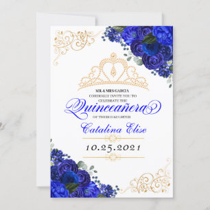Elegant Royal Blue Floral Quinceanera Birthday Kaart