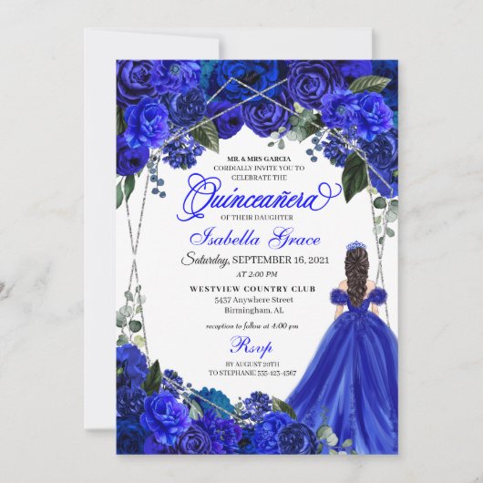 Elegant Royal Blue Floral Quinceanera Birthday Kaart (Voorkant)