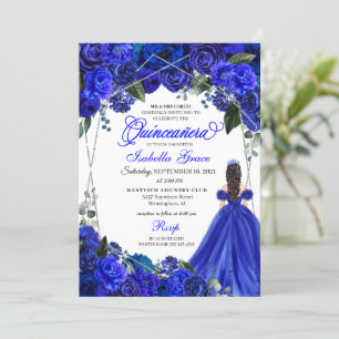 Elegant Royal Blue Floral Quinceanera Birthday Kaart